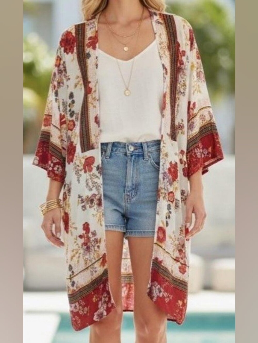 Knox Rose Ivory and Red Floral Open-Front Kimono Cardigan